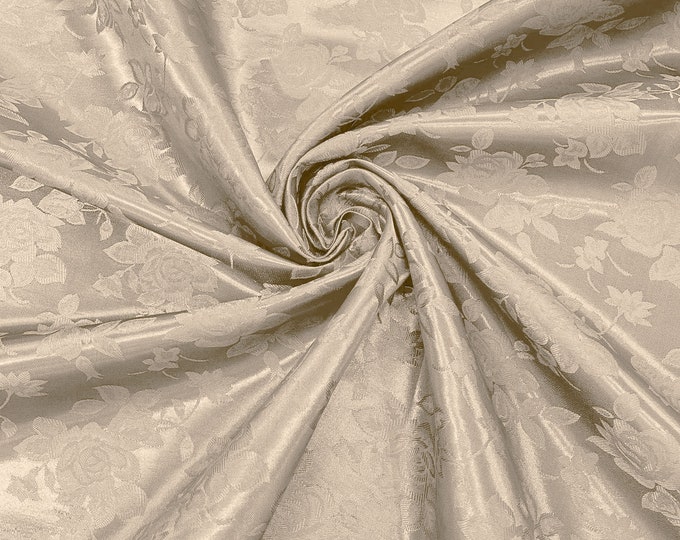 Taupe 60" Wide Polyester Big Roses/Flowers Brocade Jacquard Satin Fabric/Cosplay Costumes, Skirts, Table Linen/Sold By The Yard.