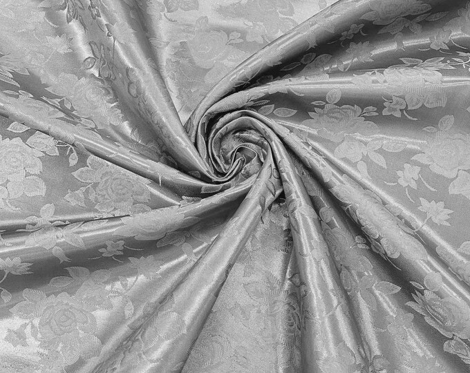 Silver 60" Wide Polyester Big Roses/Flowers Brocade Jacquard Satin Fabric/Cosplay Costumes, Skirts, Table Linen/Sold By The Yard.