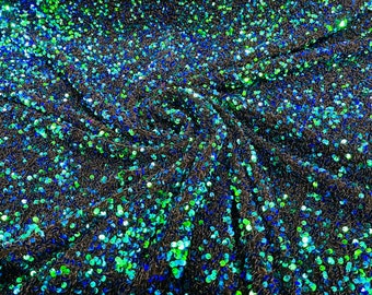 Peacock Green Iridescent All-Over 5mm Shiny Sequins Black Stretch Velvet 54" Wide.