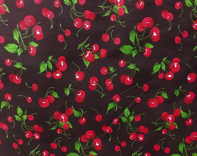 Red On Black Cherry Fruit Print Poly Cotton Fabric 58"/59" Width Sold by The Yard.