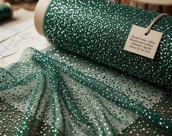 Hunter Green Rhinestone Mesh Fabric, Glitter Stretch Mesh, Sparkle Sheer Fabric, Dance Costume Fabric, Wedding Fabric by the Yard
