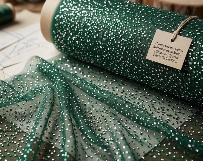 Hunter Green Rhinestone Mesh Fabric, Glitter Stretch Mesh, Sparkle Sheer Fabric, Dance Costume Fabric, Wedding Fabric by the Yard