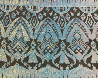 Clear aqua iridescent geometric Aztec  design embroidery with sequins on a Black 4 way stretch mesh fabric-sold by the yard.