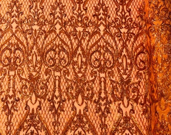 Burnt Orange holographic Heart Damask sequin design on a 4 way stretch mesh fabric-prom-sold by the yard.