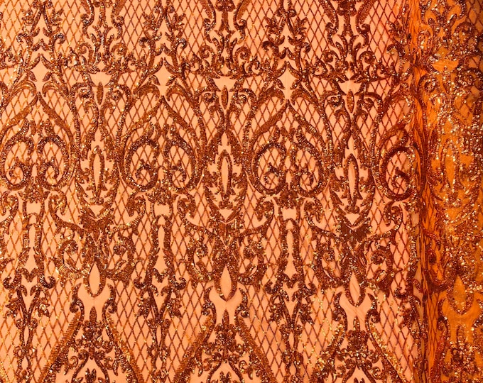 Burnt Orange holographic Heart Damask sequin design on a 4 way stretch mesh fabric-prom-sold by the yard.