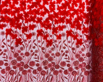 Red - Luxury 3D Floral/Butterfly Beaded lace, by The Yard.