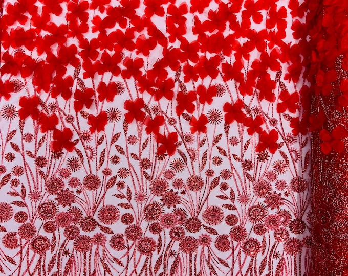 Red - Luxury 3D Floral/Butterfly Beaded lace, by The Yard.