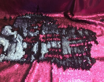 Magenta/lt navy blue hologram mermaid fish scales- 2 way stretch lycra- 2 tone flip flop sequins- sold by the yard.