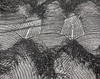 Black shiny fringe sequins design on a 4 way stretch mesh fabric-prom-sold by the yard.