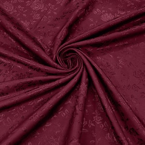 Burgundy 60&quot; Wide Polyester Roses/Flowers Brocade Jacquard Satin Fabric/Cosplay Costumes, Skirts, Table Linen/Sold By The Yard.