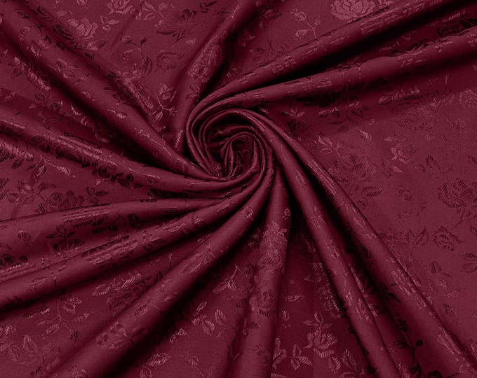 Burgundy 60" Wide Polyester Roses/Flowers Brocade Jacquard Satin Fabric/Cosplay Costumes, Skirts, Table Linen/Sold By The Yard.