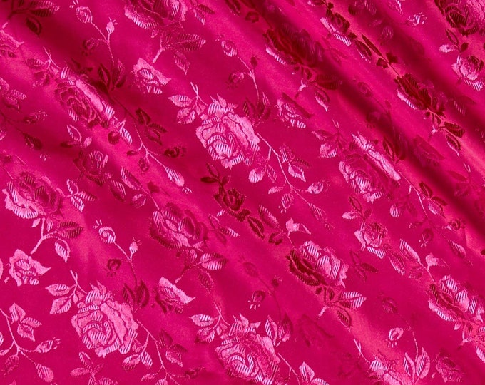 Fuchsia 60" Wide Polyester Flower Brocade Jacquard Satin Fabric, Sold By The Yard.