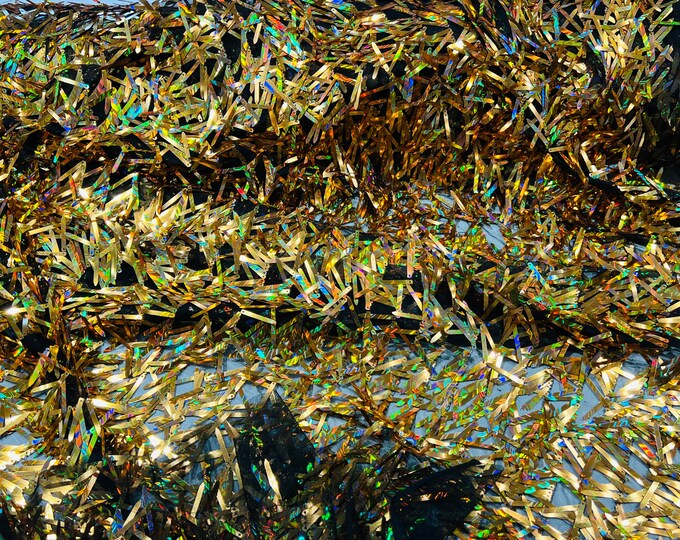 Gold iridescent sequin Swords Design on black mesh, Burning Man Costume Craft Fabric By The Yard.