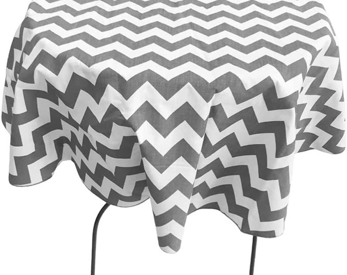 New Creations Fabric & Foam Inc, Round Poly Cotton Print Tablecloth (Chevron Silver, Choose Size Below