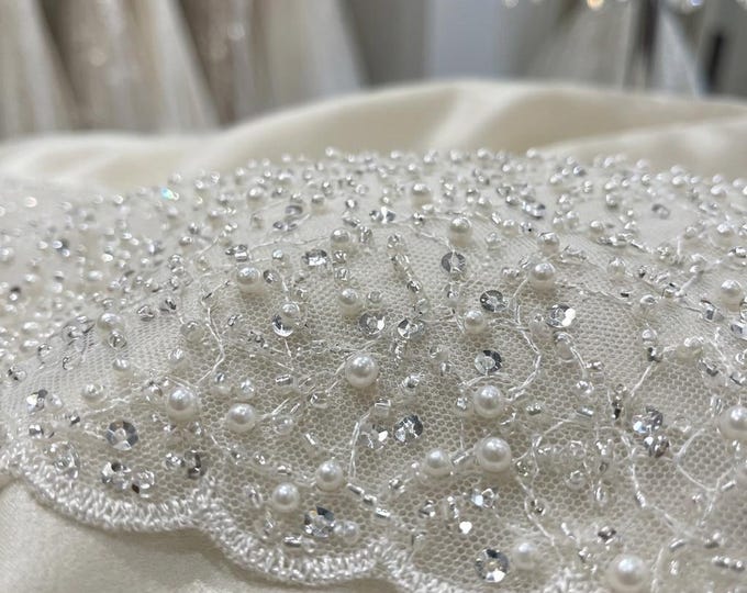 White Luxury Beaded Mesh Fabric With Pearls & Sequins | Wedding Dress Lace By The Yard | Bridal Gown Fabric