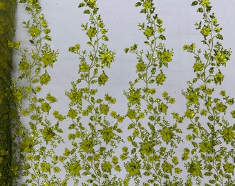 Olive Green 3D Princess Satin Flower Glitter Sequin Lace Fabric 54" Wide| Wedding, Prom.