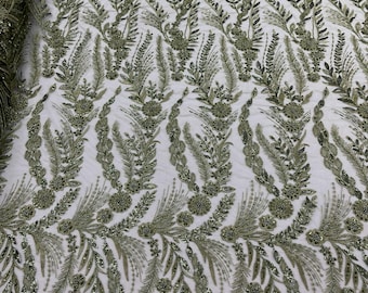 Olive Green - Feather and Vine Beaded Lace Fabric, by The Yard.