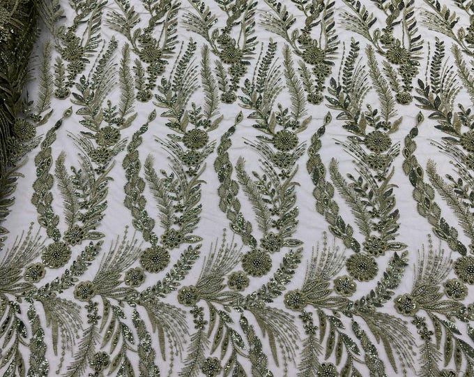 Olive Green - Feather and Vine Beaded Lace Fabric, by The Yard.