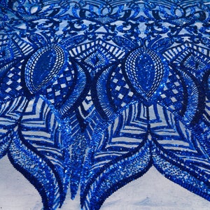 Royal blaues Paillettendesign auf 4-Wege-Stretchnetz.