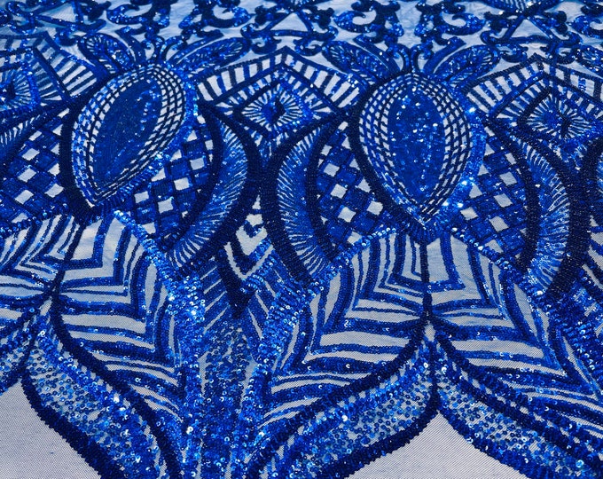 Royal blue royalty sequin design on a 4 way stretch mesh-prom-sold by the yard.