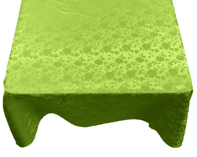 Lime Green Roses Jacquard Satin Rectangular Tablecloth Seamless/Party Supply.