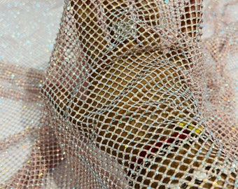 Blush Pink AB Iridescent Rhinestones On Soft Stretch Fish Net Fabric 45" Wide -sold by The Yard.