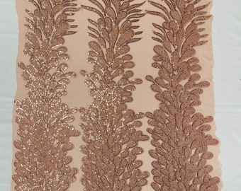 Dusty Rose vegas design-Feathers Peacock with Embroidery sequins on stretch Mesh Lace Fabric (By 3 Panels)