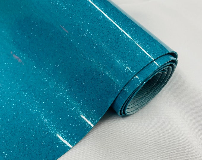 Turquoise 53/54" Wide Shiny Sparkle Glitter Vinyl, Faux Leather PVC-Upholstery Craft Fabric Sold by The Yard.