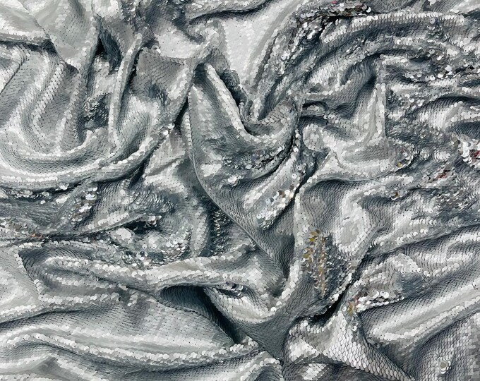 Silver Matte Reversible Color Changing Sequin Fabric| 54" Wide| Stretch Polyester Spandex.