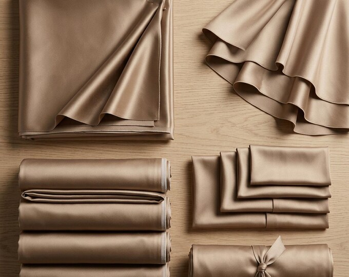 Khaki Heavy Shiny Satin Stretch Spandex Fabric 58" Wide, Khaki Satin Fabric By The Yard, Stretch Dress Fabric, Neutral Satin Fabric