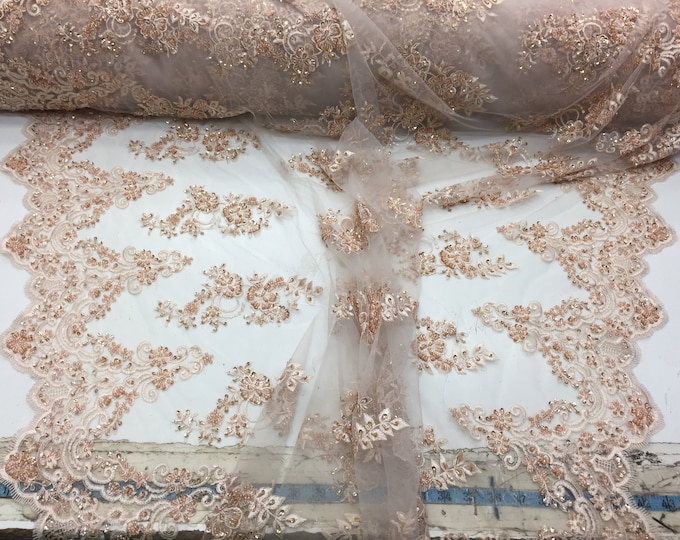 Elegant blush Peach hand beaded flower design embroider on a mesh lace-prom-nightgown-bridal-wedding-sold by the yard.