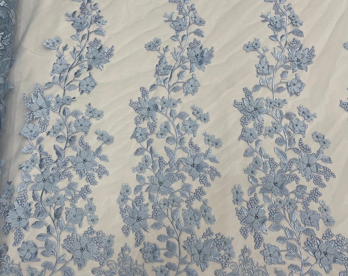 Light blue princess 3d floral design embroider with pearls on a mesh lace-dresses-fashion-prom-nightgown-decorations-sold by the yard.