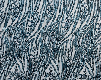 Teal Blue - Vine/Root Sequin 4 Way Stretch Mesh Fabric, by The Yard.
