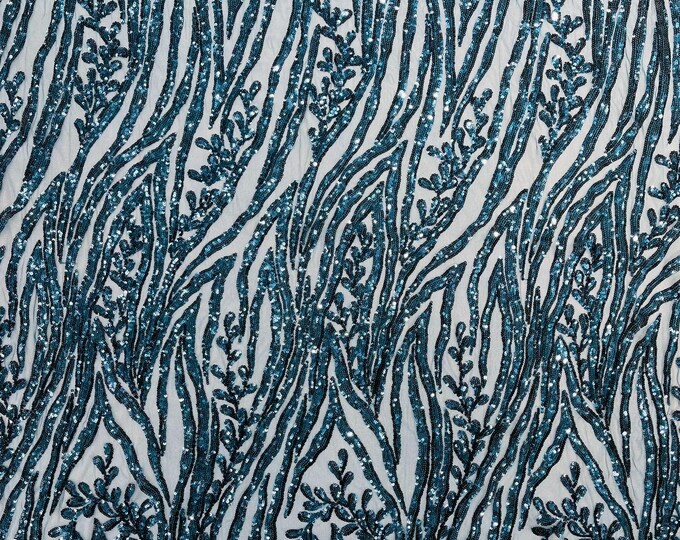 Teal Blue - Vine/Root Sequin 4 Way Stretch Mesh Fabric, by The Yard.