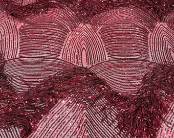 Burgundy shiny fringe sequins design on a 4 way stretch mesh fabric-prom-sold by the yard.