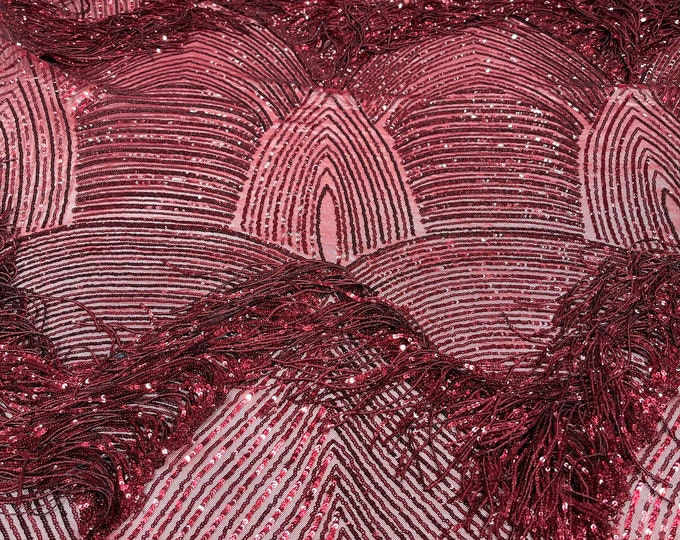 Burgundy shiny fringe sequins design on a 4 way stretch mesh fabric-prom-sold by the yard.