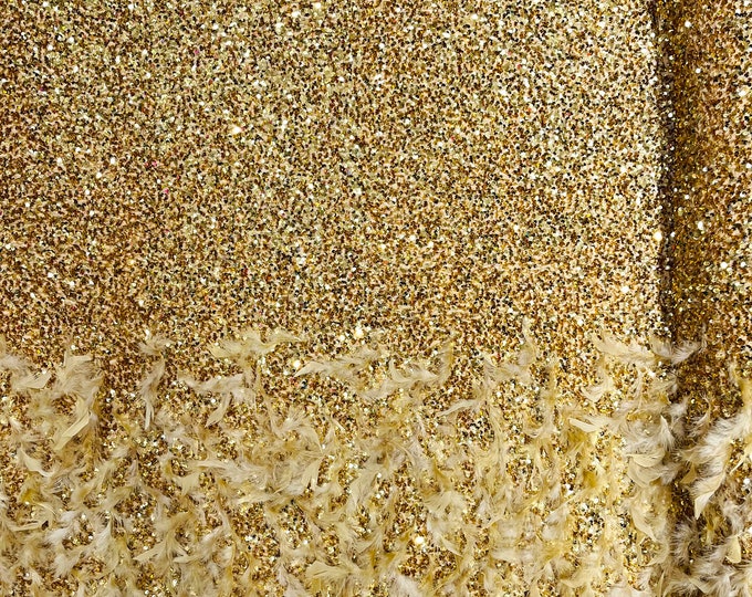 Gold 5mm sequins on a stretch velvet with feathers  2-way stretch, sold by the yard