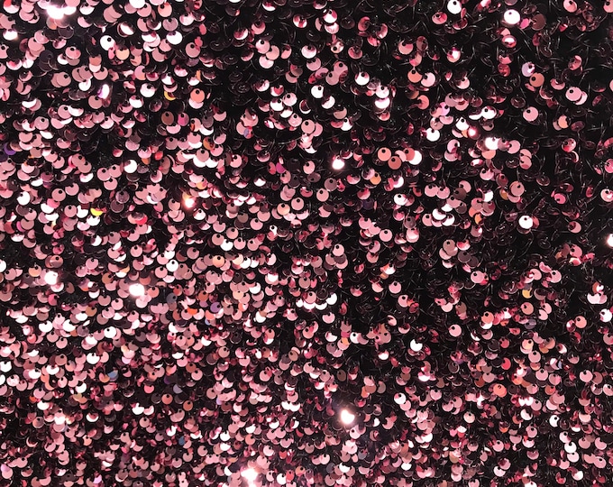 Dusty rose On Black  stretch velvet with luxury sequins all over 5mm shining sequins 2-way stretch, sold by the yard.