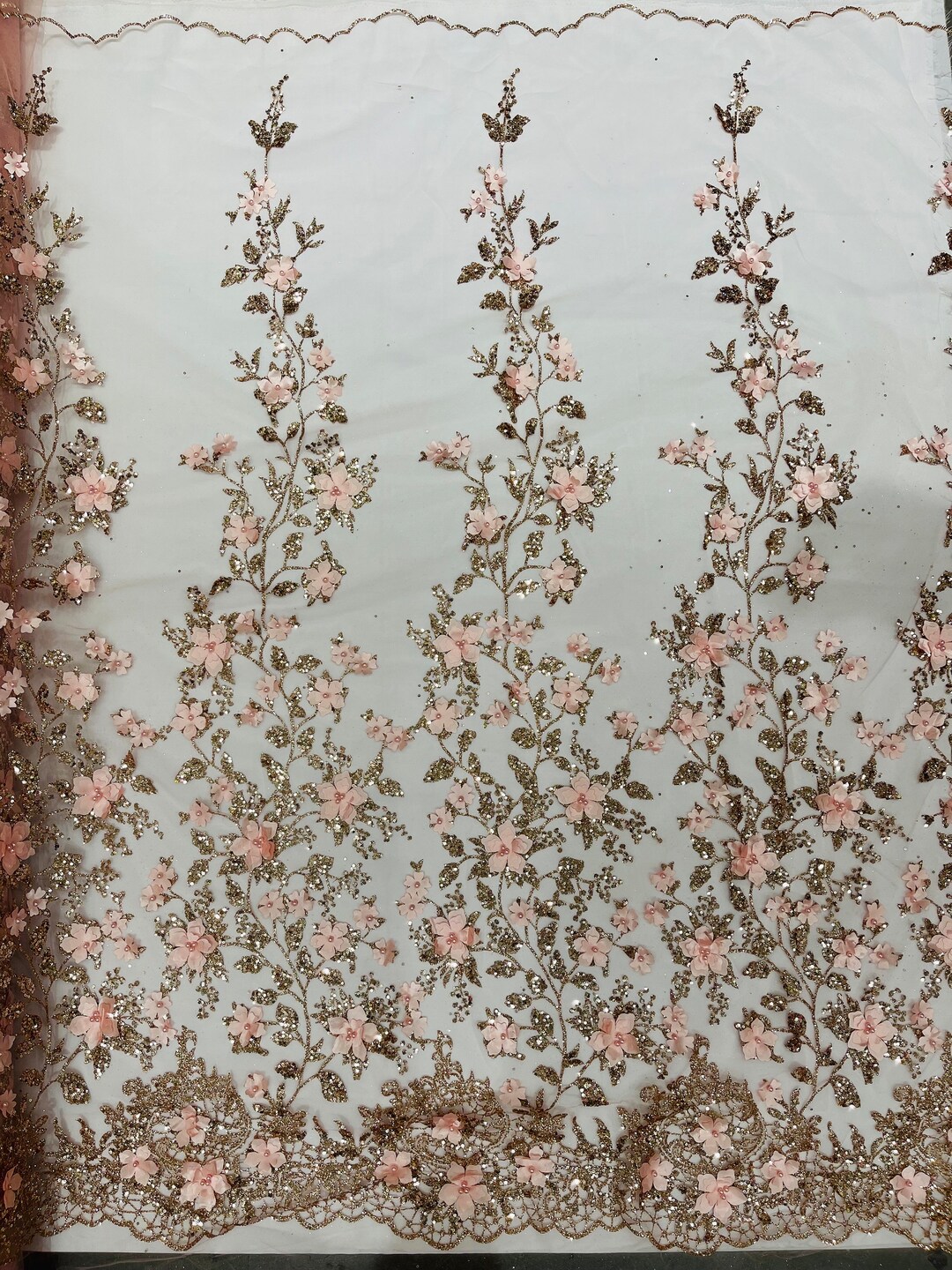 Rose Gold 3D Princess Satin Flower Glitter Sequin Lace Fabric 54" Wide ...