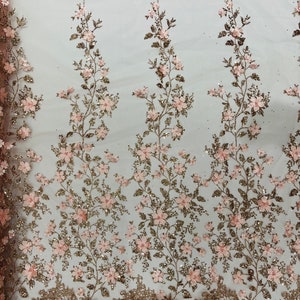 Rose Gold 3D Princess Satin Flower Glitter Sequin Lace Fabric 54" Wide ...