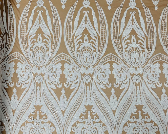 White empire damask design with sequins embroider on a Dark Nude 4 way stretch mesh fabric-sold by the yard.