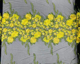 Yellow roses multi color floral design embroider on a Black mesh lace fabric-sold by the yard.