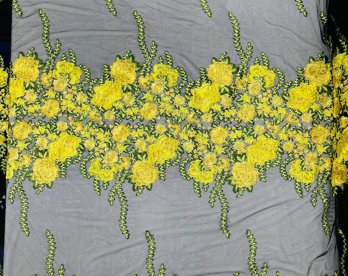Yellow roses multi color floral design embroider on a Black mesh lace fabric-sold by the yard.
