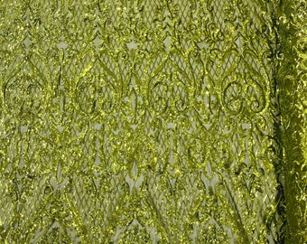 Olive Green shiny Heart Damask sequin design on a 4 way stretch mesh fabric-prom-sold by the yard.