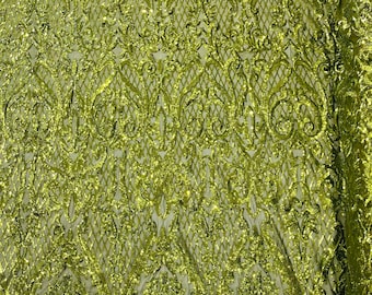 Olive Green shiny Heart Damask sequin design on a 4 way stretch mesh fabric-prom-sold by the yard.