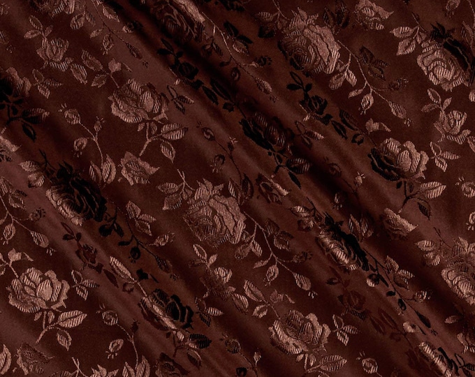 Brown 60" Wide Polyester Flower Brocade Jacquard Satin Fabric, Sold By The Yard.