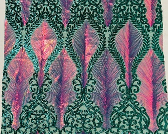 Rainbow iridescent/hunter green Two tone damask design with sequins embroider on a 4 way stretch mesh fabric-sold by the yard.
