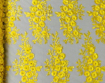 3d floral design embroider and beaded with rhinestones on a mesh lace-prom-sold by yard.
