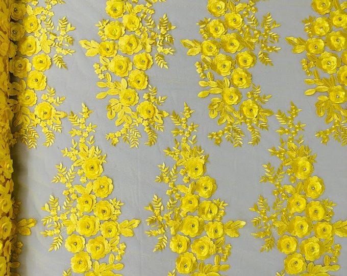3d floral design embroider and beaded with rhinestones on a mesh lace-prom-sold by yard.