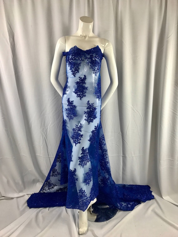 Royal Blue Flower Lace Corded And Embroider With Sequins On A Mesh Lace.wedding. 